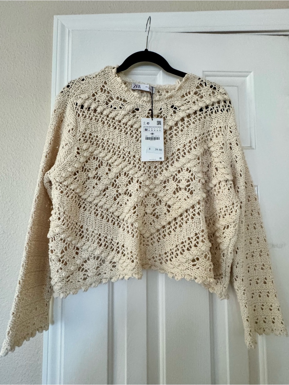 Zara Ivory Open-Knit Cropped Crew Sweater
